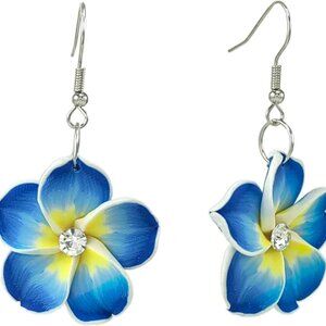 Hawaiian Floral Dangle Earrings with Cubic Zirconia in Blue - Lightweight, Vibra